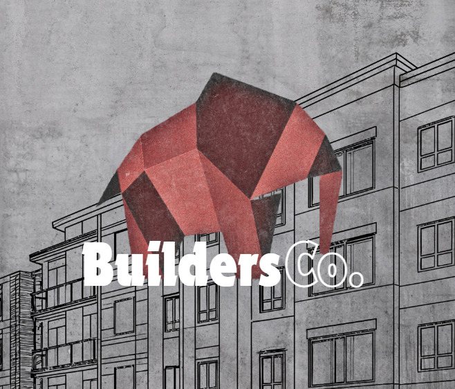BuildersCo brand artwork — geometric red elephant over an architectural sketch